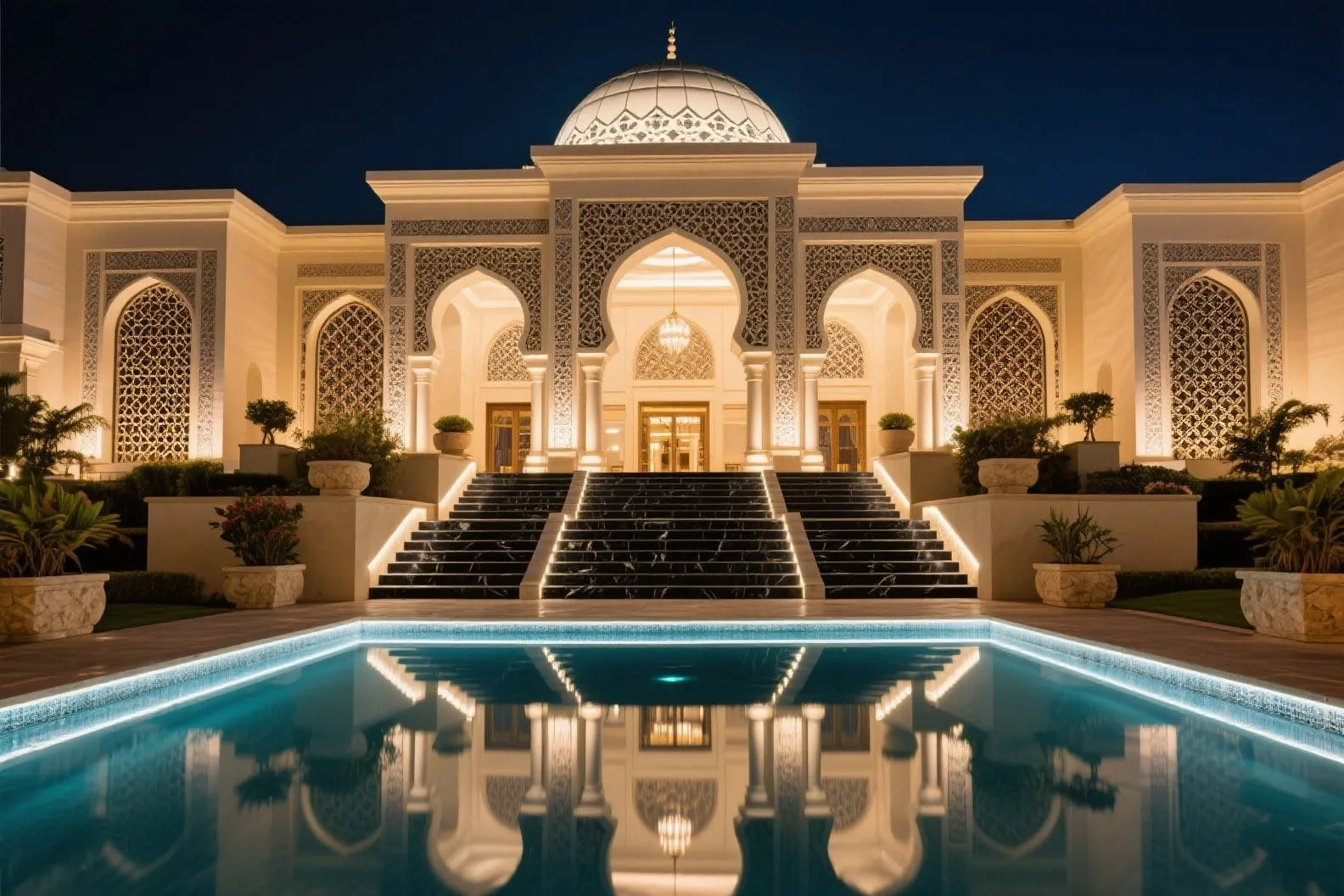 Illuminated hotel-style facade beside a swimming pool at night