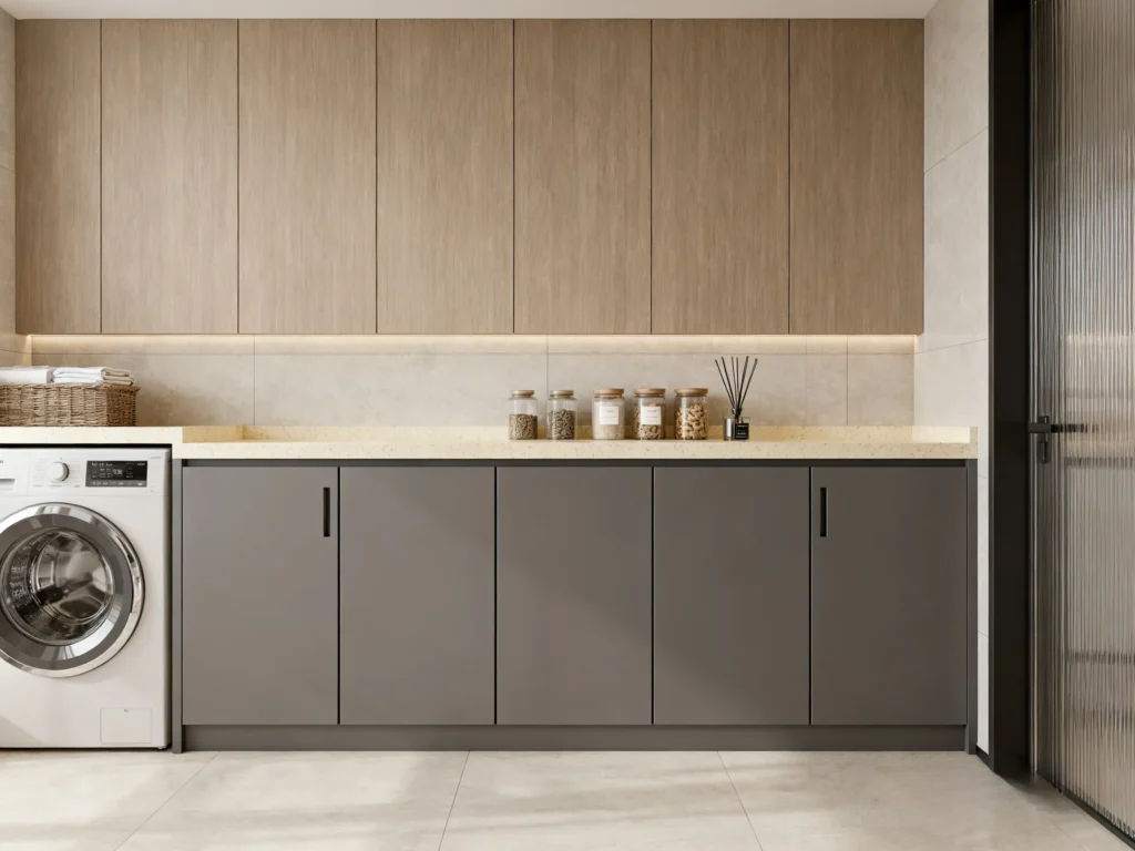 Gray cabinets in laundry room 1