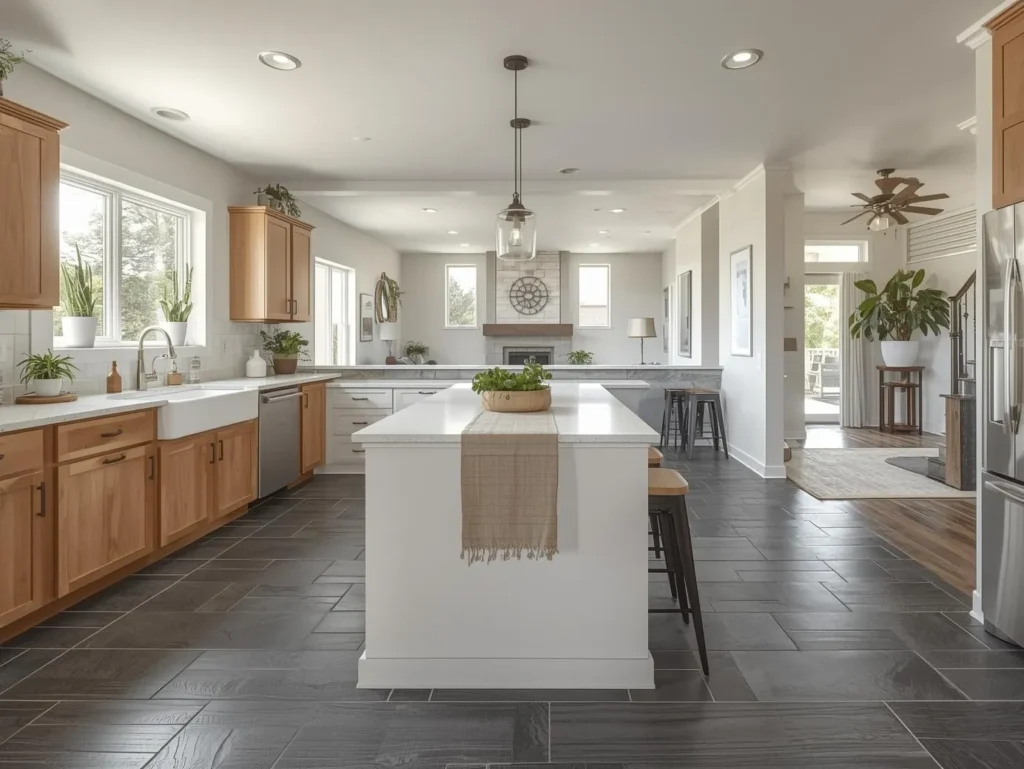 Living & kitchen floors (dry area) — slate tile