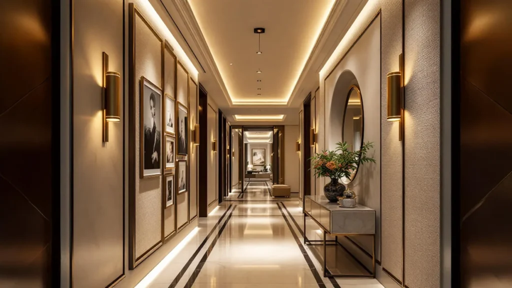 Corridor with commercial lighting and wall lamps