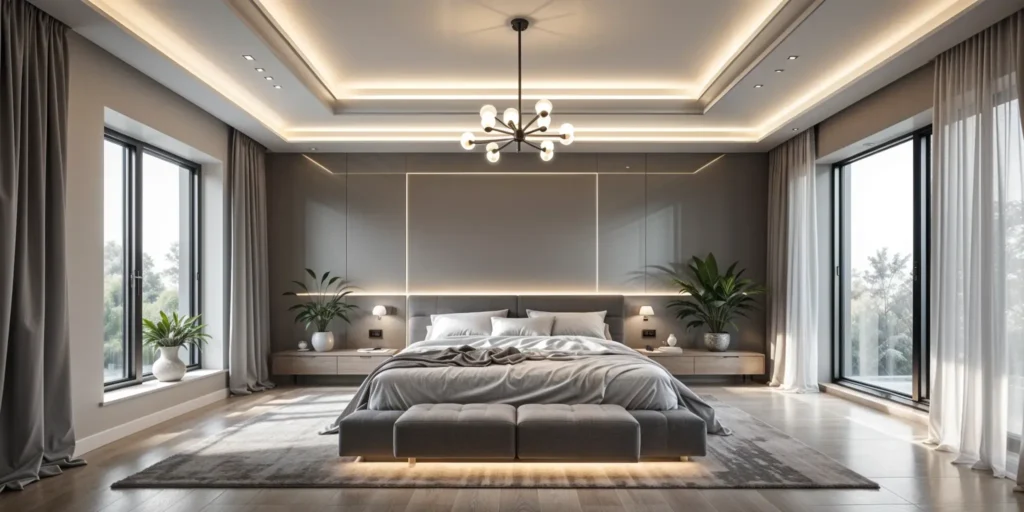 Cozy bedroom with layered lighting and wall lamps