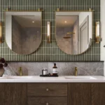 Large bathroom cabinet mirror above integrated vanity