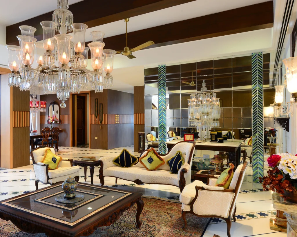 Living room with chandelier and layered lighting