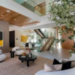 Modern house staircase in double height living room