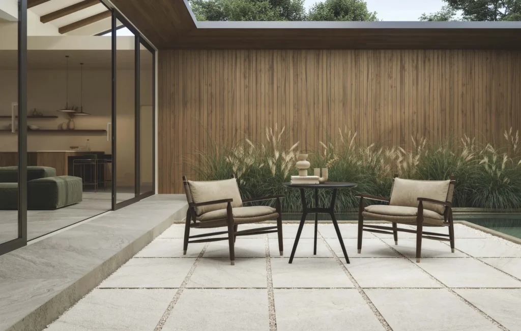 Outdoor terrace and driveway with coordinated tiles