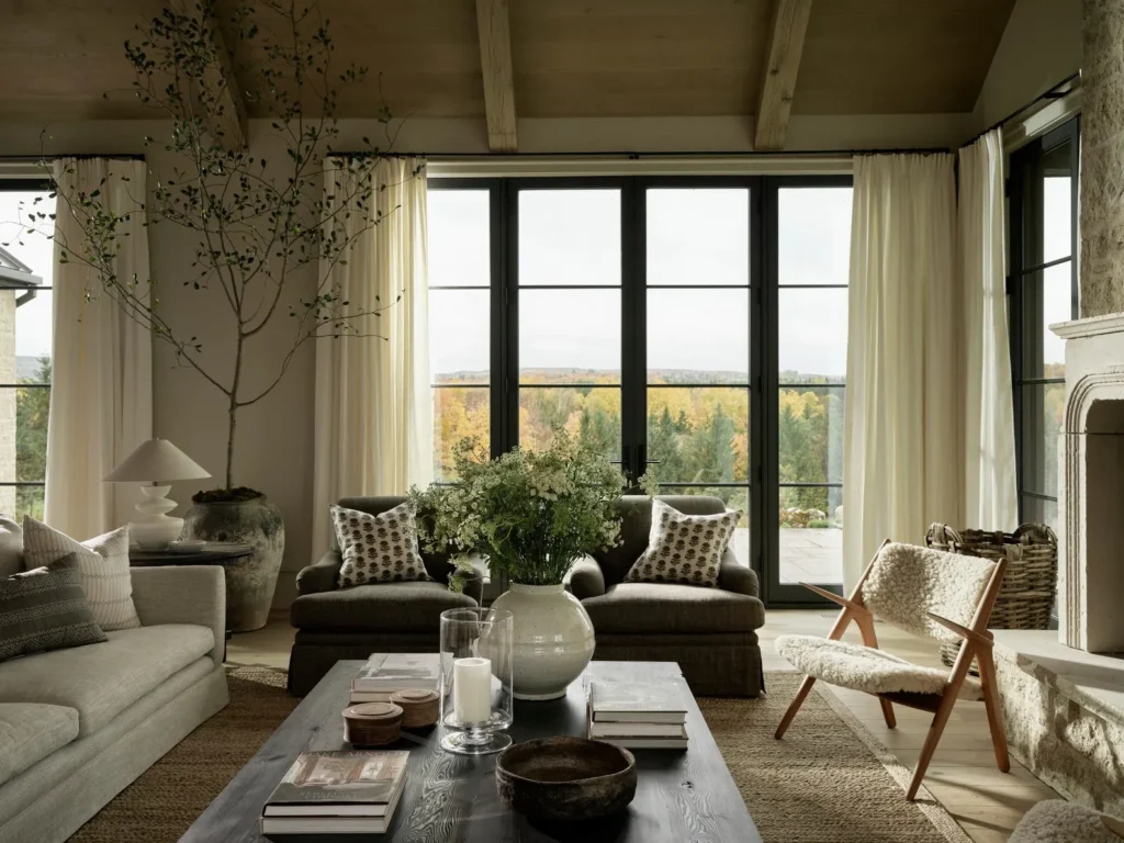 Residential living room with coordinated wall panels curtains and carpet