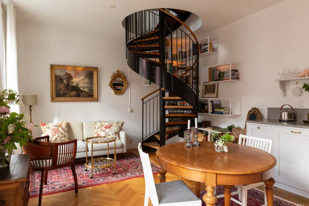 Spiral staircase in compact duplex living area