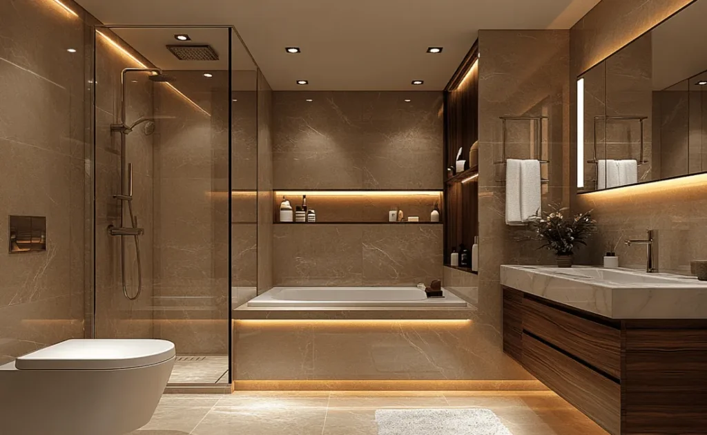 Well lit bathroom with mirror and shower lighting