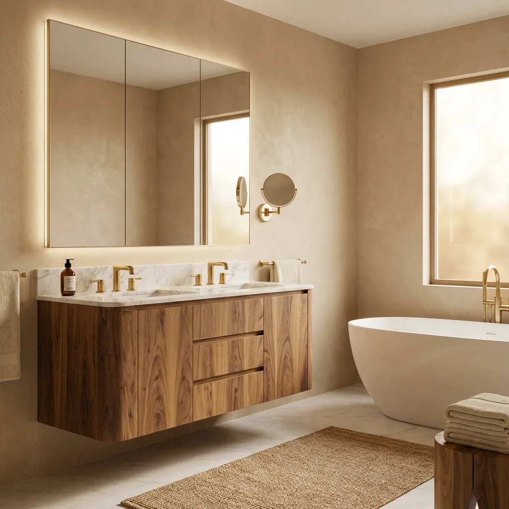 6，Wood Grain Veneer Bathroom Cabinet