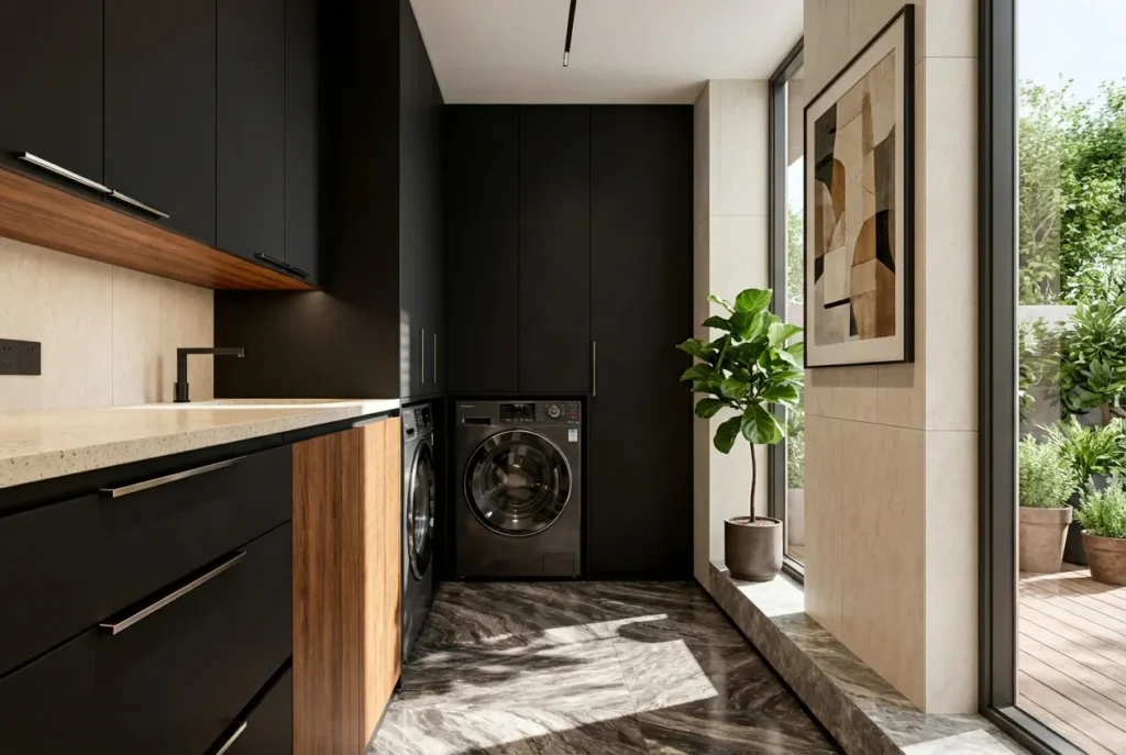 9，Black Cabinets Laundry Room
