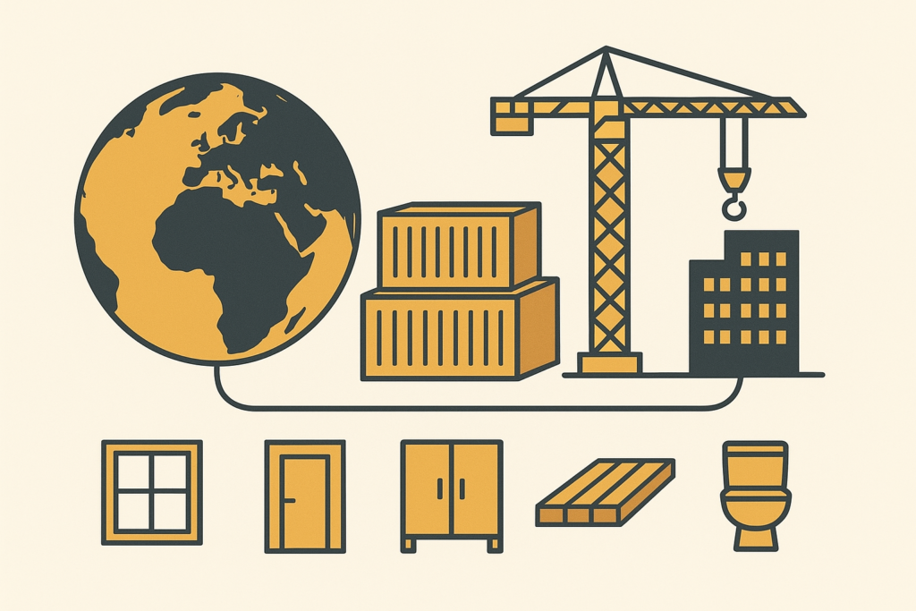 Illustration of global sourcing with containers and building product icons