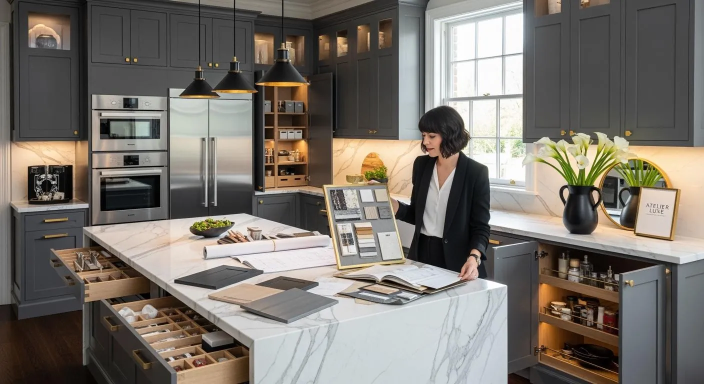 Person reviewing drawings at a kitchen island