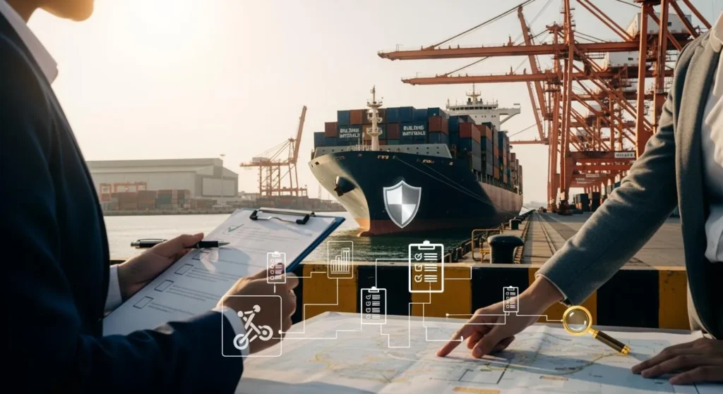 People reviewing shipping documents near a container vessel