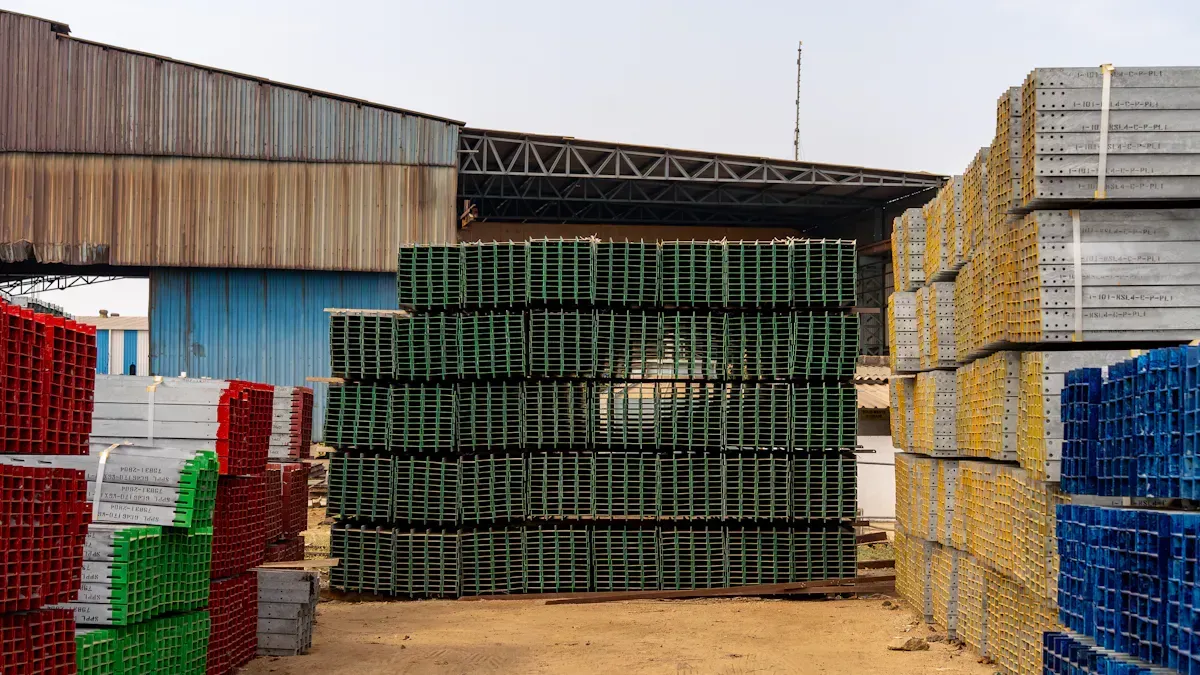 Stacks of packaged building products outside a warehouse