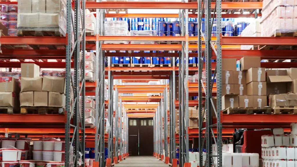Warehouse aisle lined with shelves of cartons