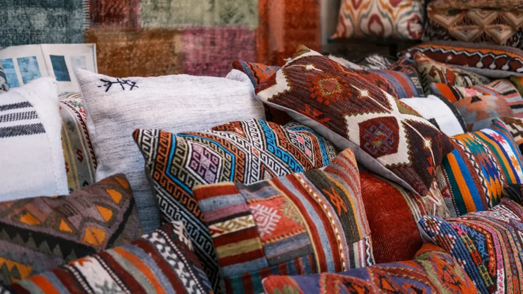 Colorful patterned cushions and woven textiles