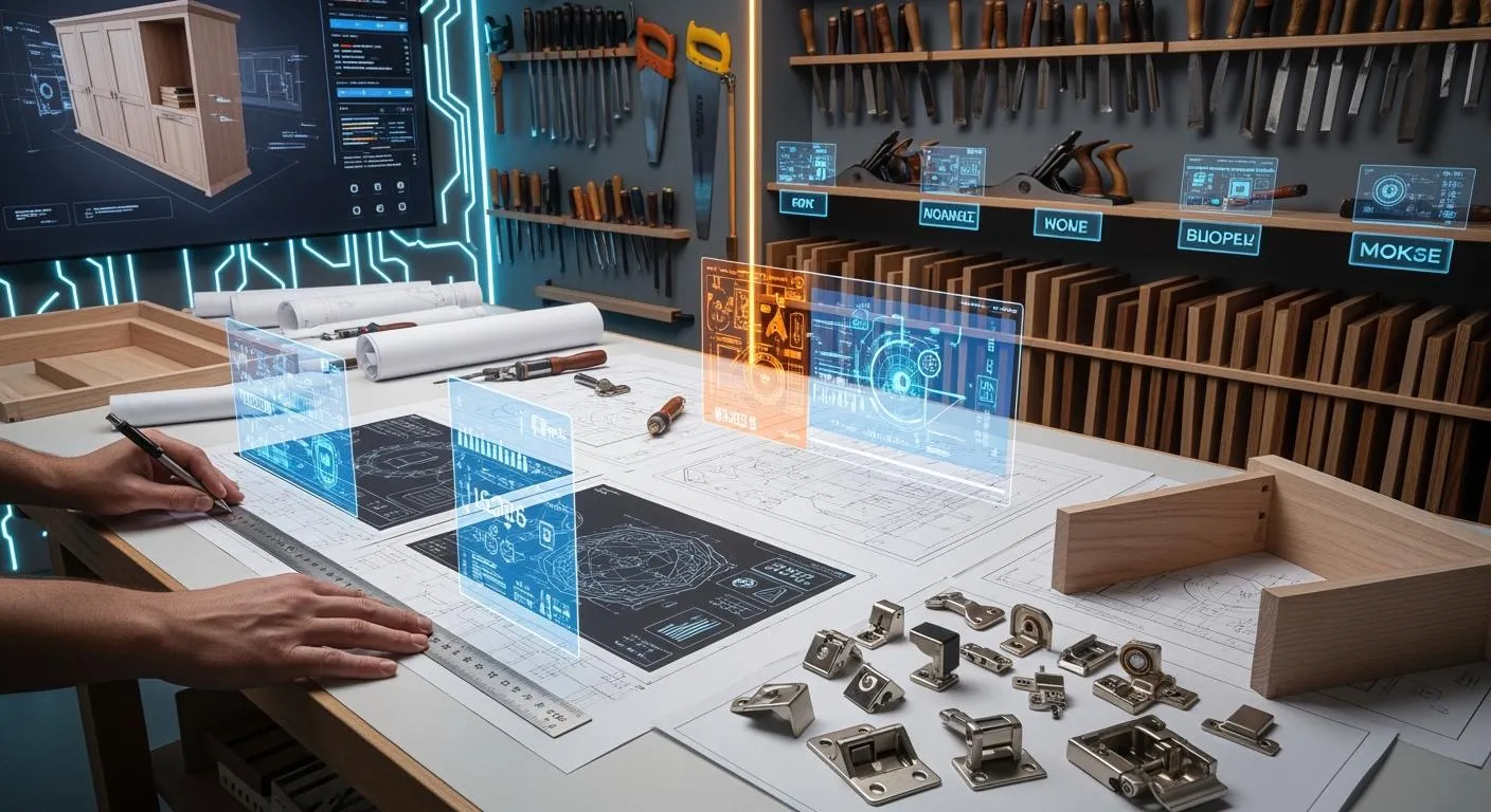 Hands reviewing cabinet drawings and hardware samples