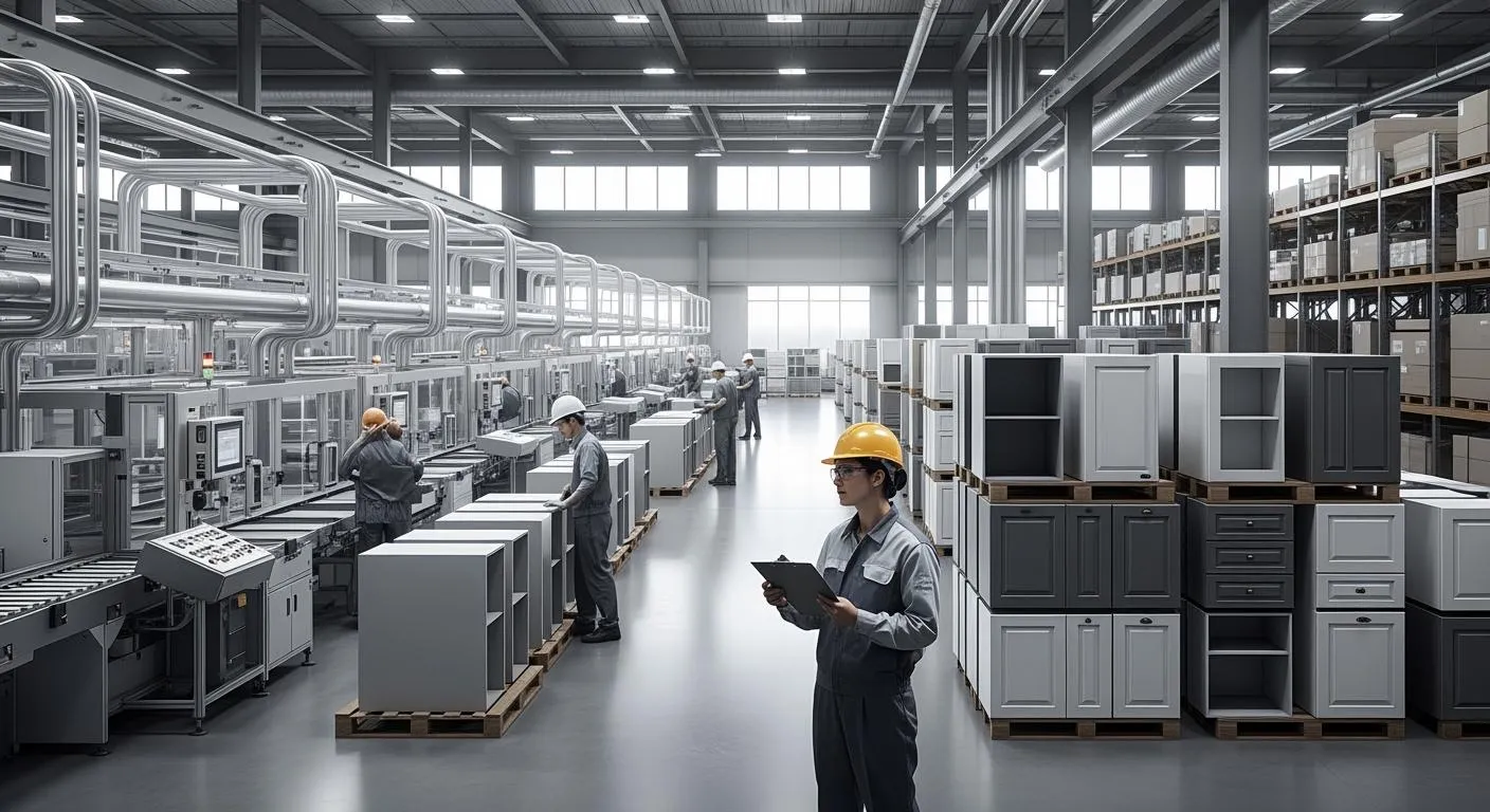 Person inspecting a production line inside a factory
