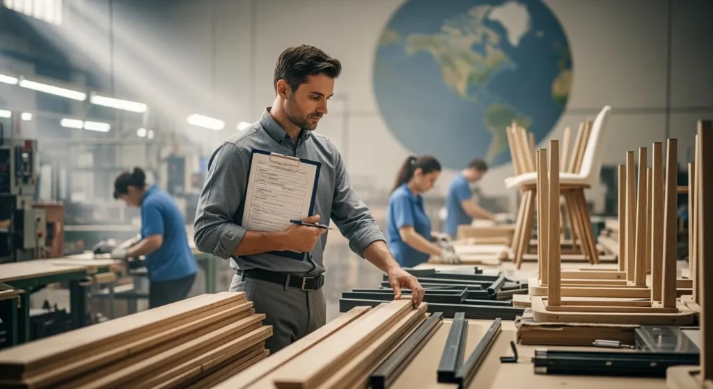 Person inspecting wood components in a factory