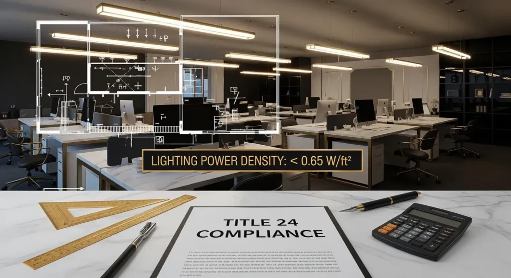 Office lighting illustration with a compliance checklist
