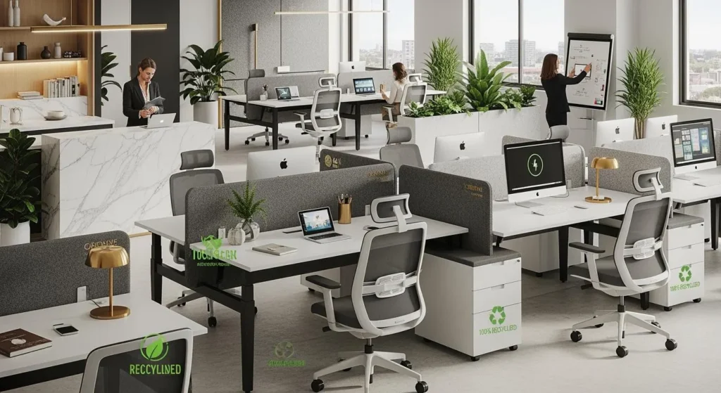 Office workstations with white desks and storage cabinets