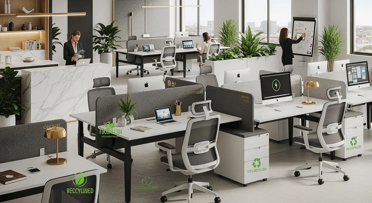 Office workstations with white desks and storage cabinets