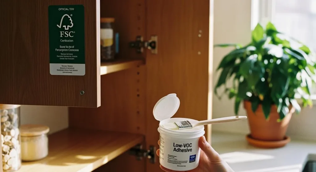 Open wood cabinet with an FSC label beside a container marked low VOC adhesive