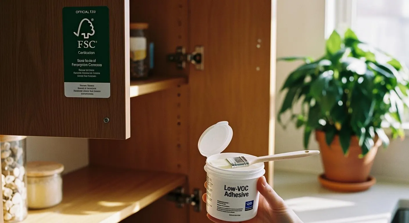 Open wood cabinet with an FSC label beside a container marked low VOC adhesive