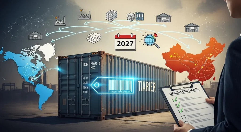 Illustration of container trade with tariff and date graphics