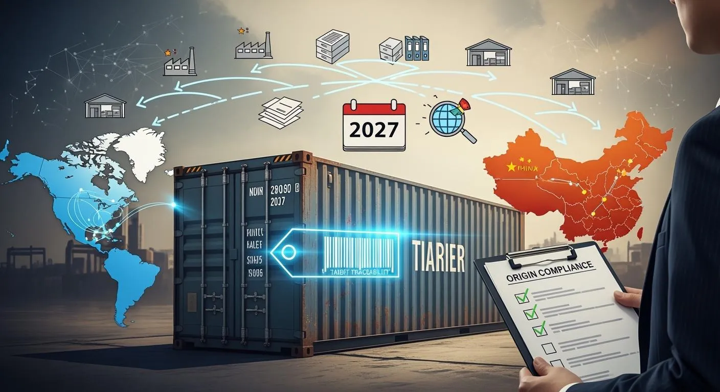 Illustration of container trade with tariff and date graphics