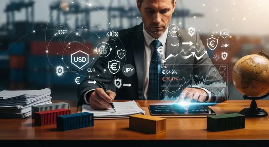 Illustration of a person reviewing trade documents and currency information