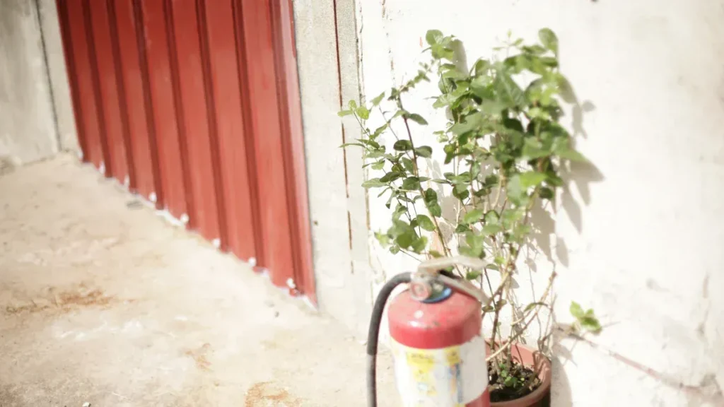 Fire extinguisher beside a doorway and potted plant