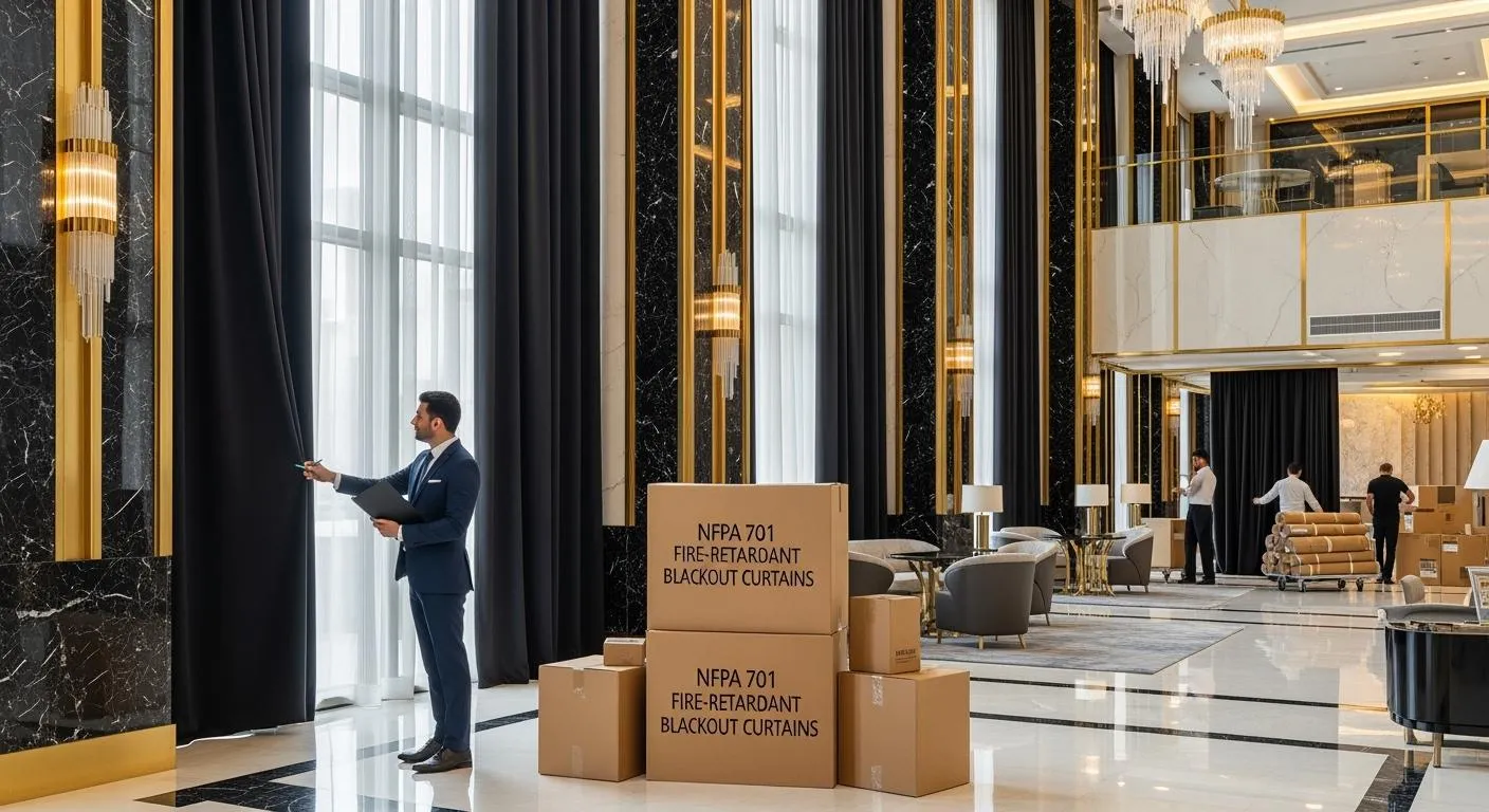 Illustration of packaged building materials in a large interior