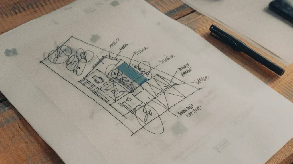Hand drawn technical sketch beside a pen and notebook