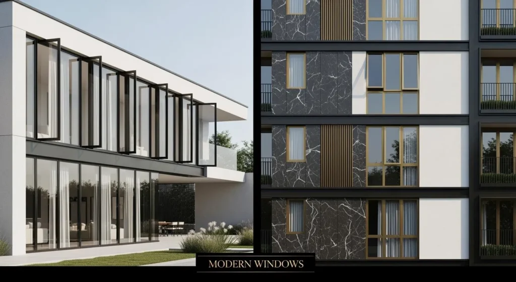 Side-by-side illustration of different building window designs