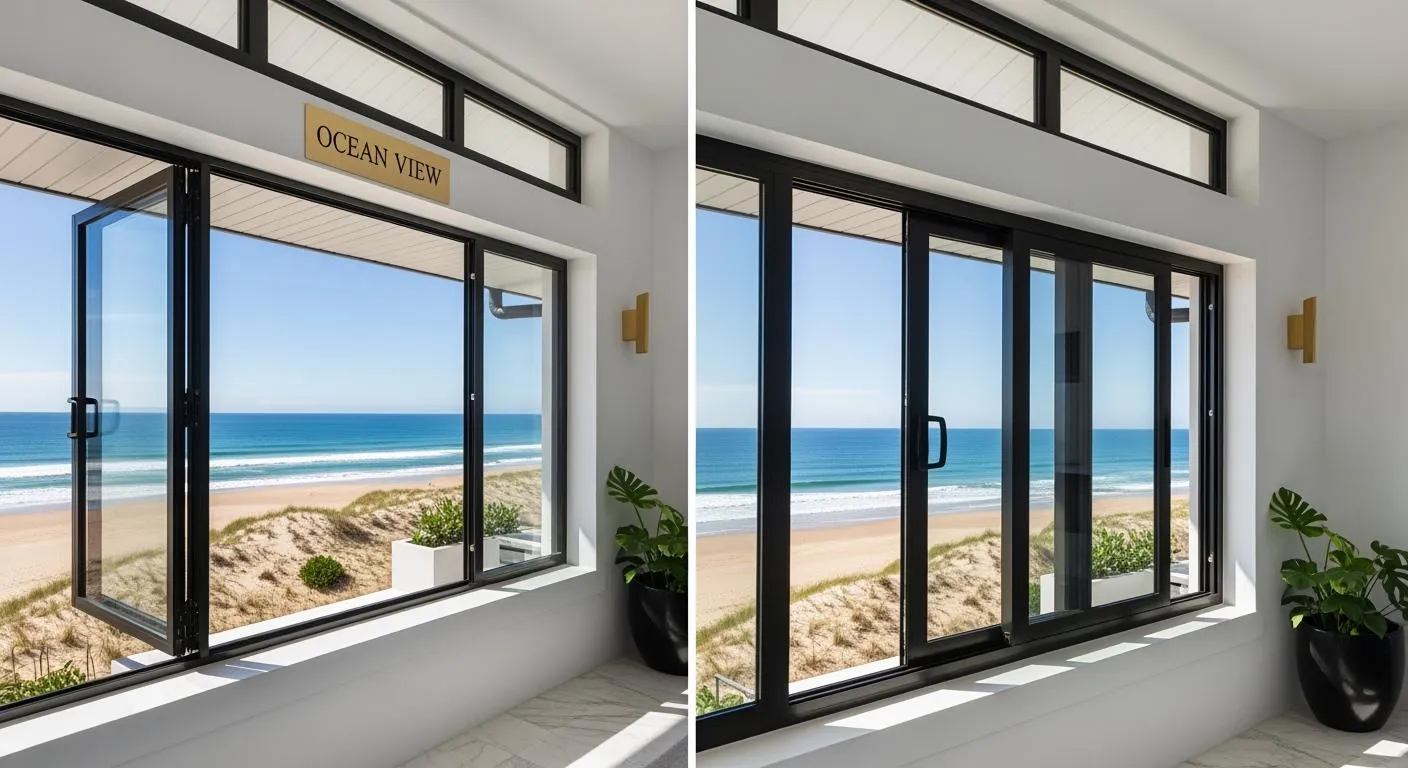 Side-by-side illustration of window designs overlooking the sea