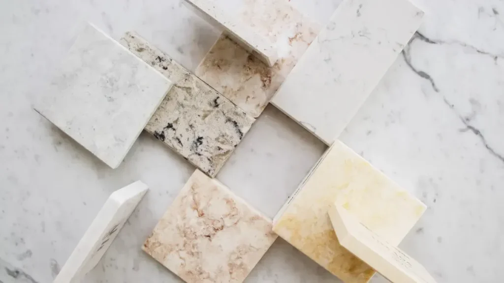 Selection of marble tile samples with varied colors and veining
