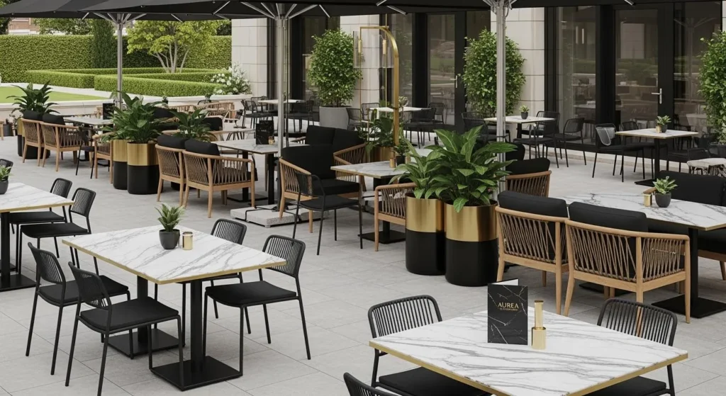 Outdoor restaurant tables and chairs beneath trees
