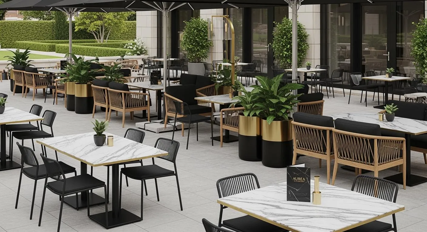 Outdoor restaurant tables and chairs beneath trees