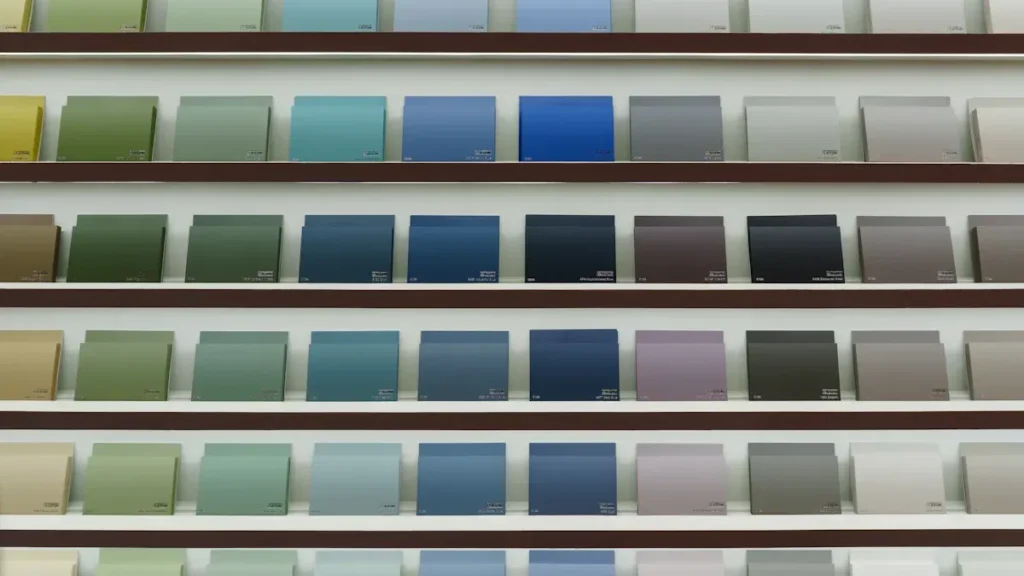 Shelves displaying material samples in multiple colors