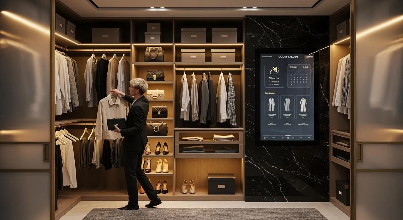 Person standing in an illuminated walk-in wardrobe beside a planning screen