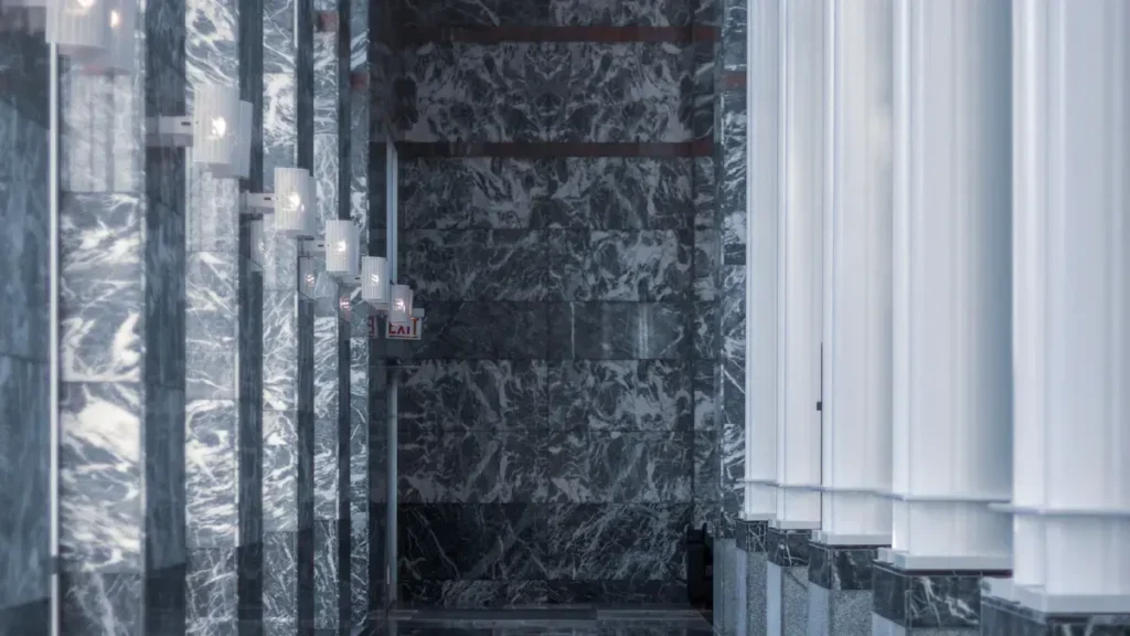 Dark veined marble wall beside tall windows