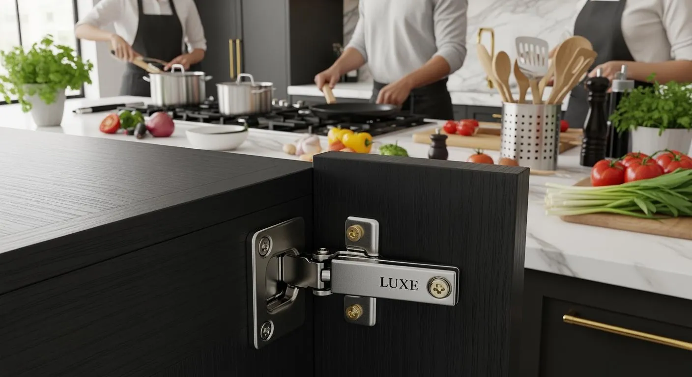 Kitchen cabinet hinge shown beside a vegetable preparation area