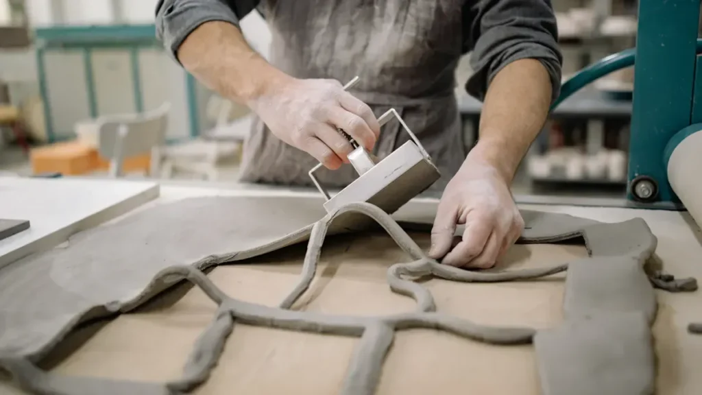 Worker shaping material in a workshop