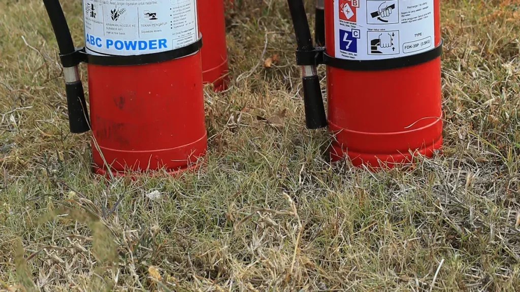 Two fire extinguishers standing on grass