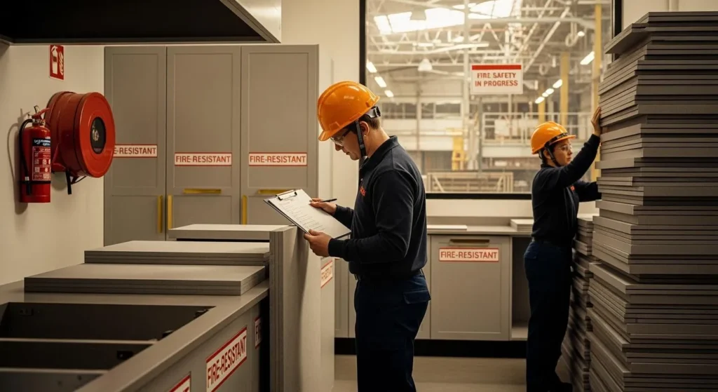 Workers inspecting cabinet panels in a factory