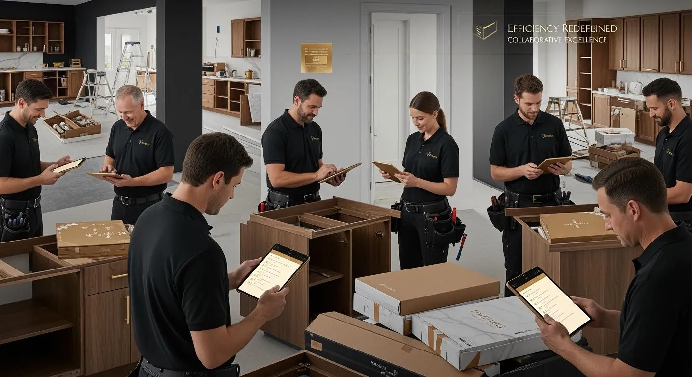 People inspecting flat-packed cabinet components in a workshop