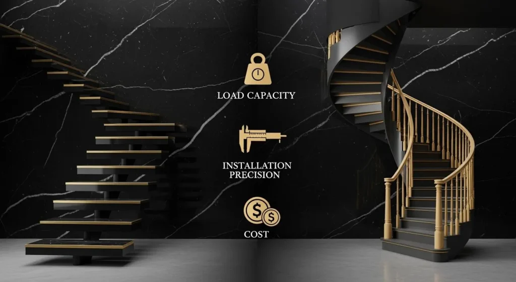 Illustration comparing straight floating stairs and spiral stairs
