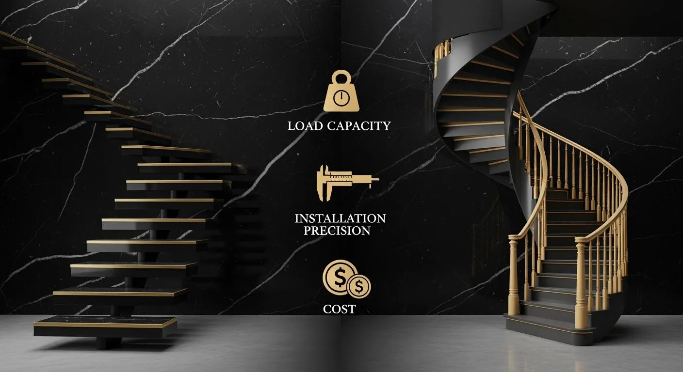 Illustration comparing straight floating stairs and spiral stairs