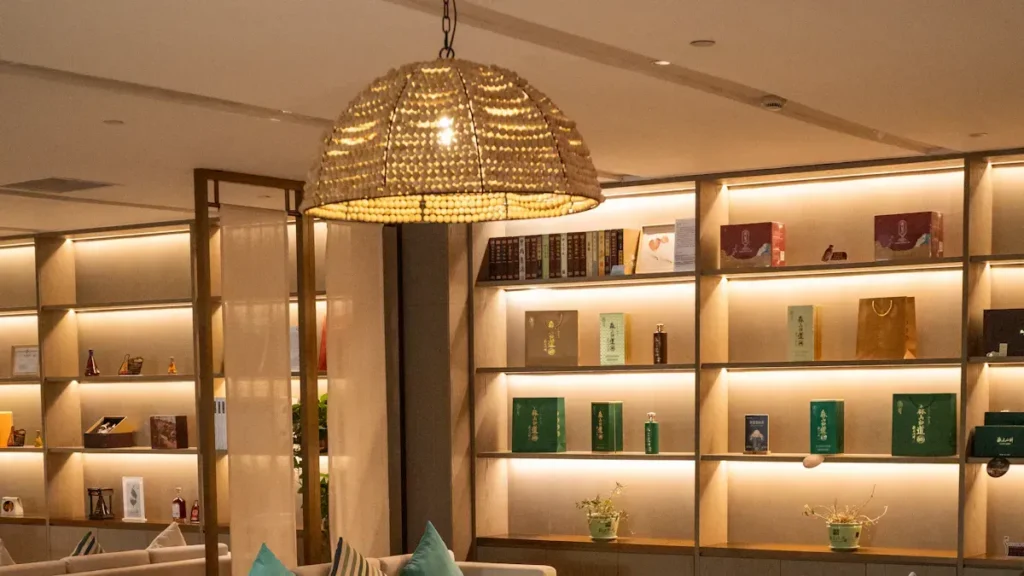 Furniture showroom display with illuminated shelves